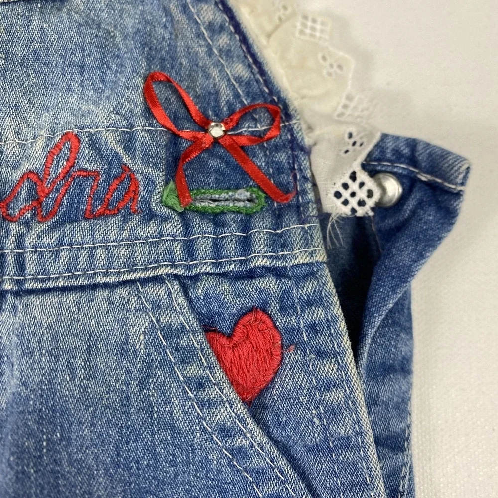 Vintage OshKosh Bgosh Overalls Girls 18‎ Months Denim Vestbak Hearts Lace 90s